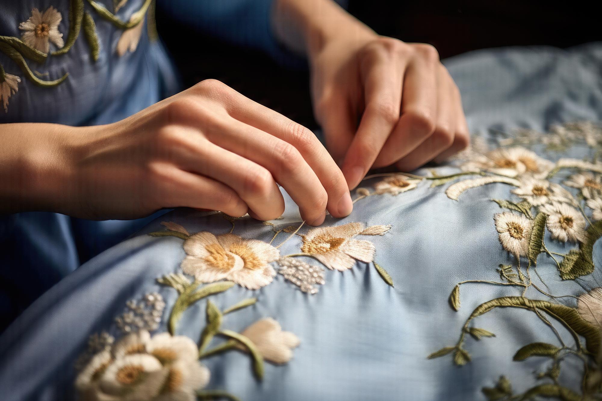Artisan stitching a floral pattern on linen in studio