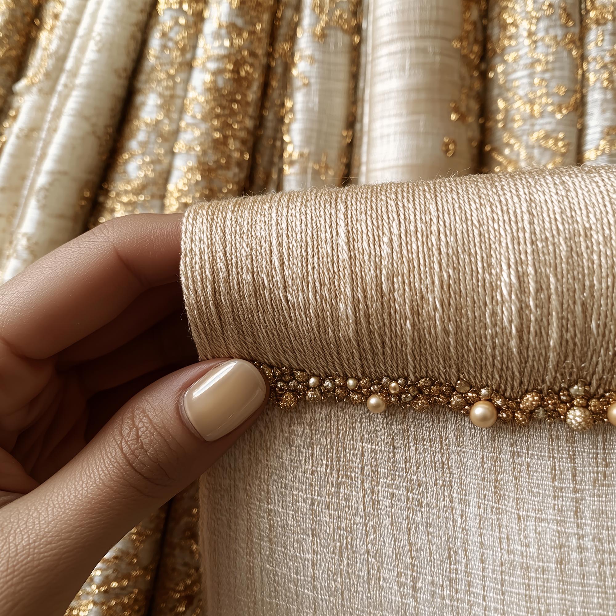 Close-up of gold thread embroidery on silk